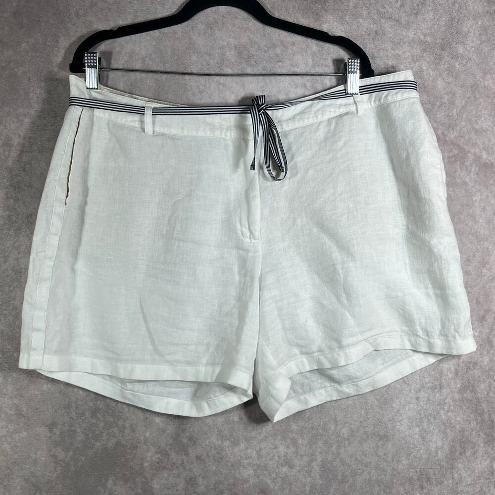 Boden Shorts Womens 14 White Linen Chino Flat Front High Rise Belted Pockets‎